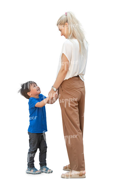 mother and son standing together