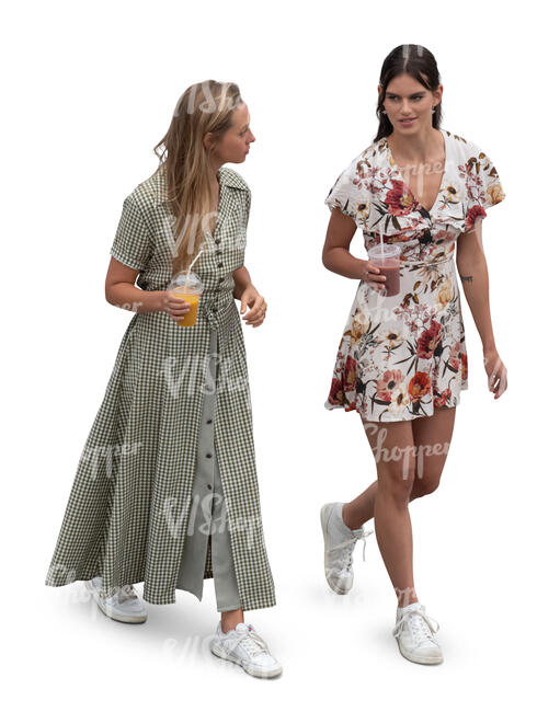 two cut out women with smoothies walking seen from above