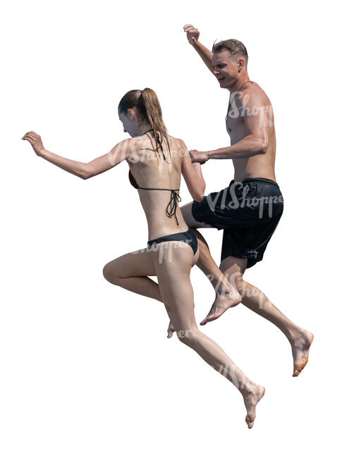 man and woman jumping into the pool together