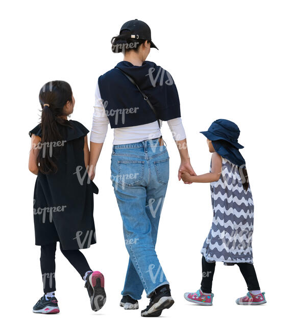 cut out asian woman with two daughters walking hand in hand