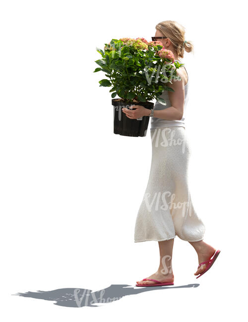 cut out woman carrying a large pot of flowers