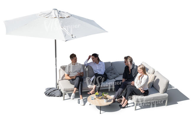 top view of a group of friends sitting in on the sofa with parasol