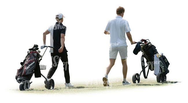 two men at a golf club walking with golf bags