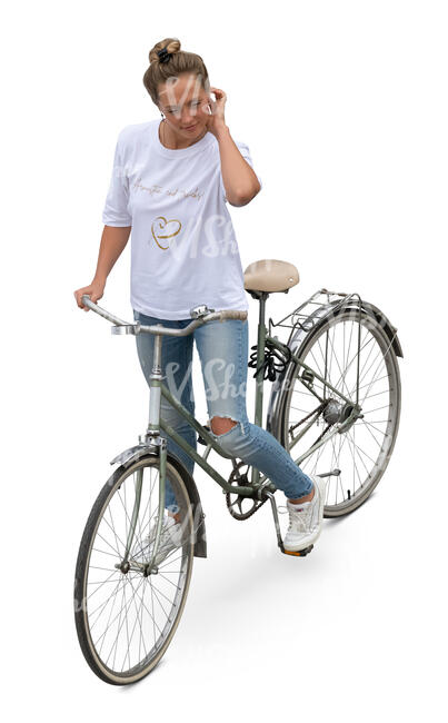 woman with a bike standing seen from above