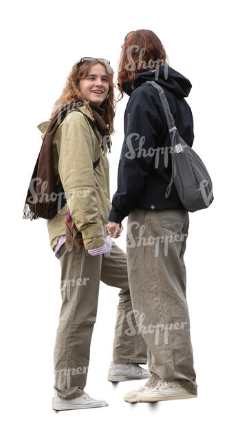 two women meeting on the stairs and talking