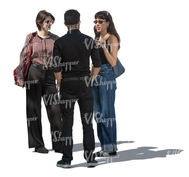 cut out group of three friends standing in partial tree shade
