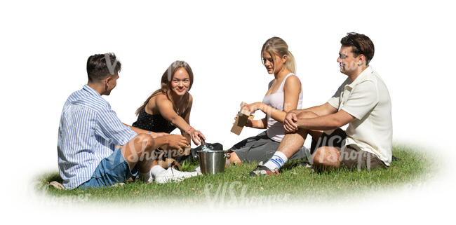 cut out group of young people sitting on the grass and having a picnic