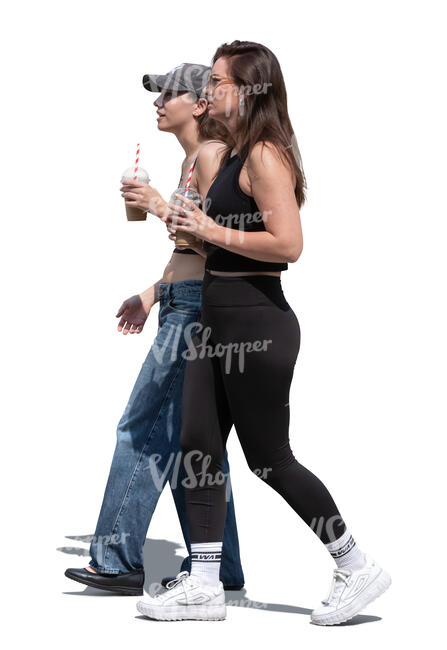 two women with ice coffees walking together