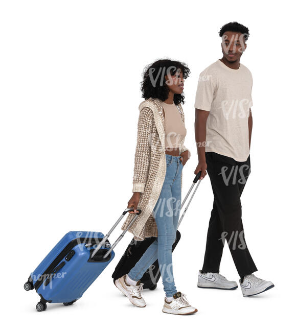 two cut out people with suitcases walking at the airport