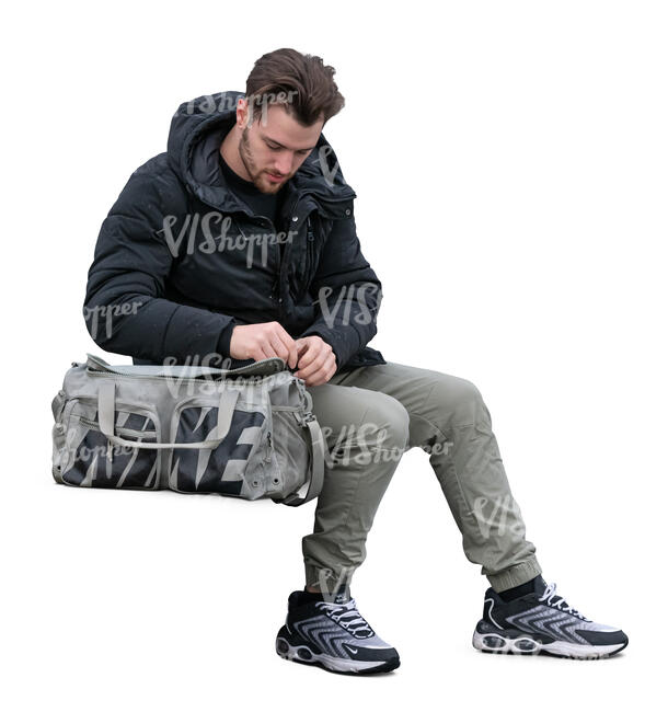 cut out young man with a sports bag sitting