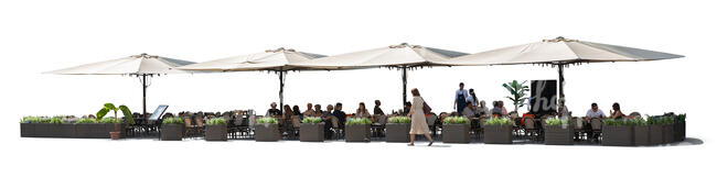 big street cafe with parasols and people sitting and talking
