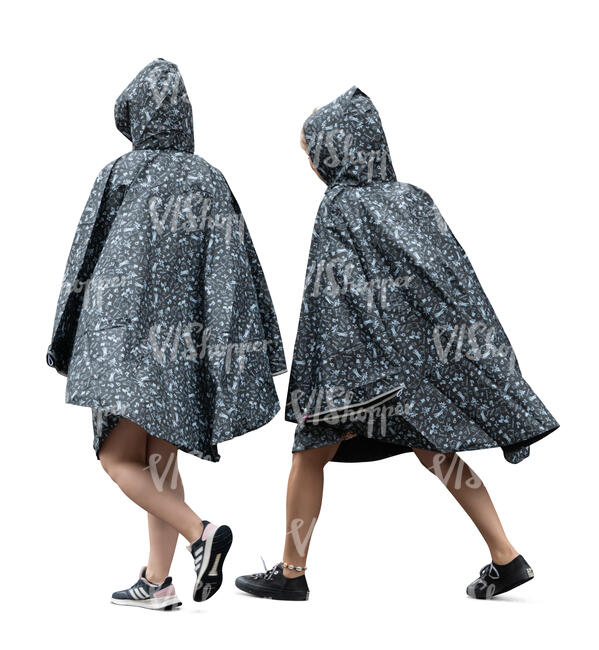 two people with grey raincoats walking in the rain