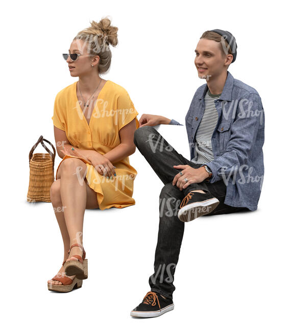 two cut out people sitting on a bench
