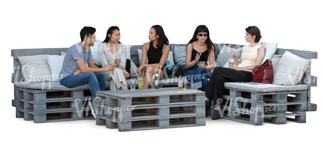 cut out group of people sitting in a hipster cafe with pallet furniture