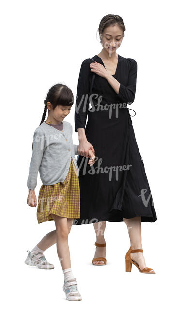 japanese woman and her daughter walking down the stairs
