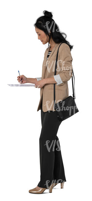 asian woman standing and writing