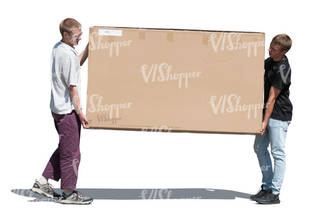 two cut out men carrying a large and heavy box