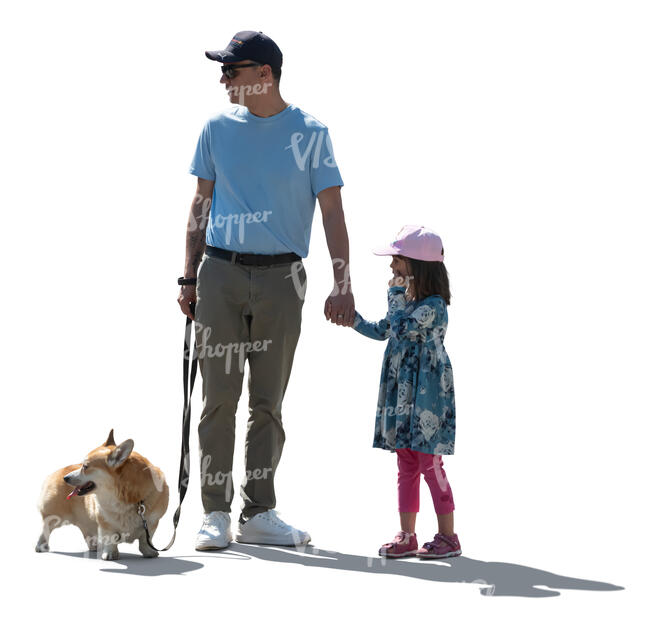 father and daughter with a dog standing in backlight