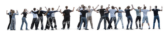 group of people dancing and cheering