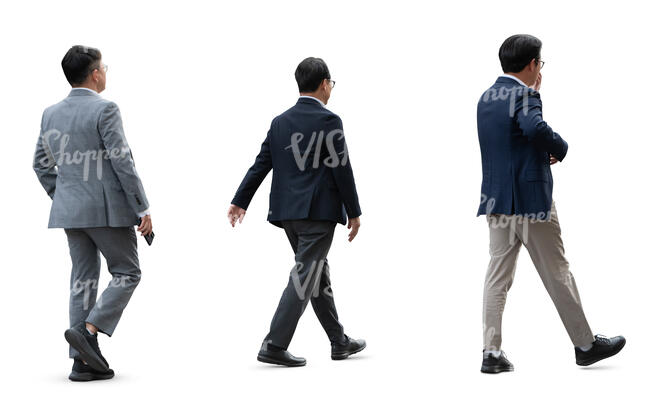 three cut out asian men in suit walking