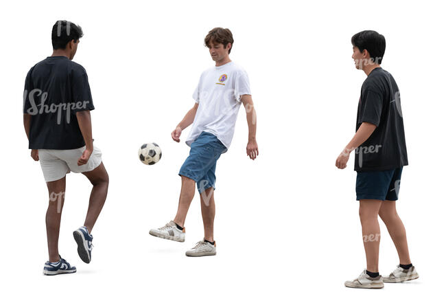 three cut out young men playing football