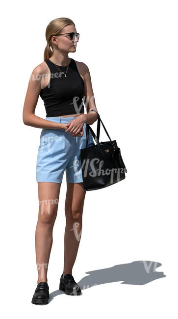 cut out woman in blue shorts standing