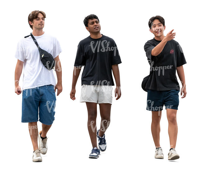 three cut out young men walking in the street