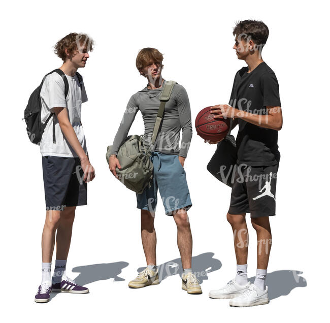 cut out group of three boys with a basketball meeting and talking