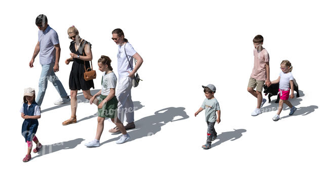 top view of a group of adults and children walking