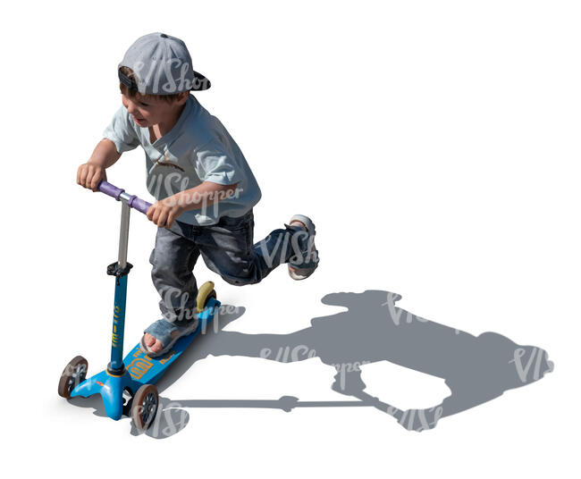 top view of a boy riding a scooter