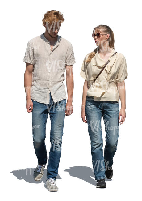 two cut out people walking outside and talking