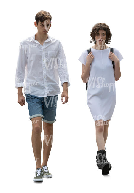 young man and woman in white summer clothes walking