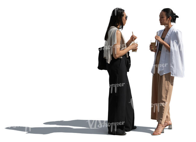 two cut out asian women standing and drinking coffee drinks