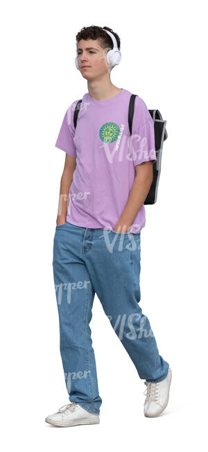 cut out teenage boy with headphones walking