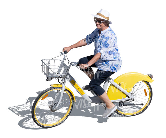 cut out senior woman riding a bike seen from above