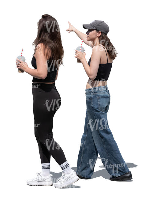 two women with drinks walking