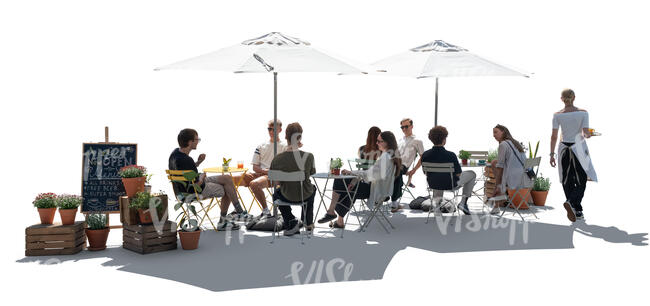 cut out backlit cafe scene with parasols and a waitress