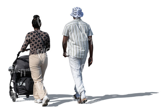 man and woman with a baby stroller walking