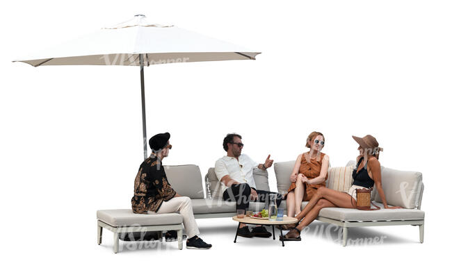 group of people sitting on a balcony sofa and talking