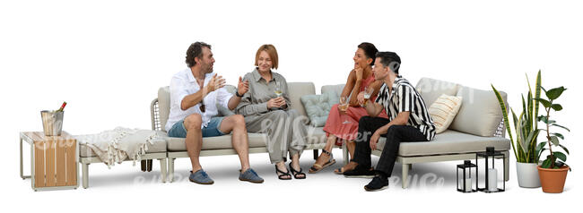 cut out group of friends sitting on a patio sofa and talking