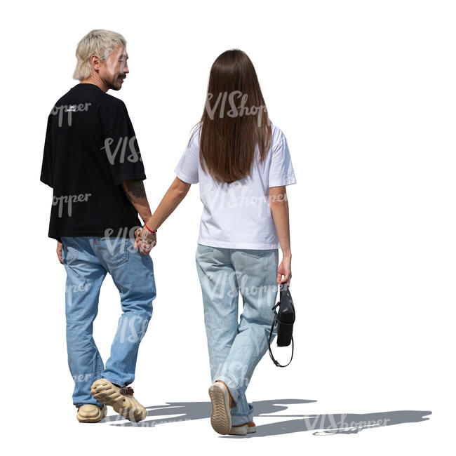 cut out asian couple walking hand in hand seen from back angle
