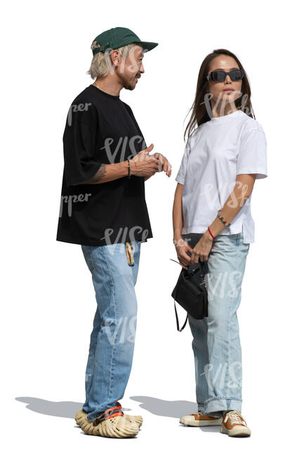 two asian people standing and talking