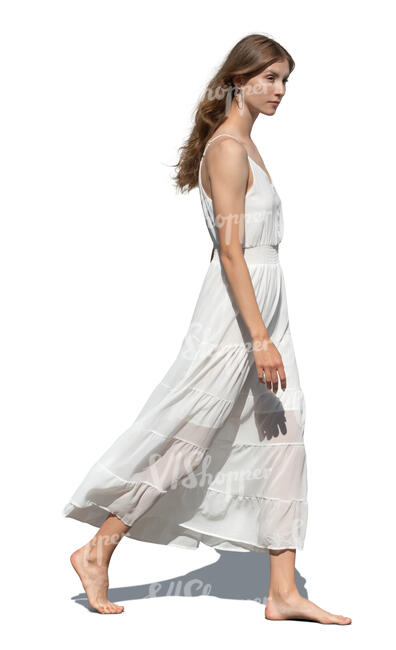 cut out woman in a white summer dress walking barefoot