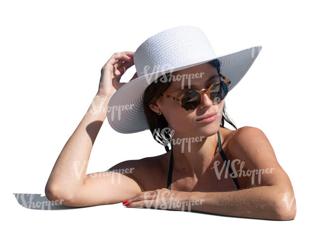 cut out woman with a hat leaning on the edge of the pool