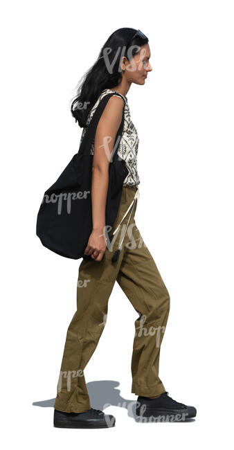 peruvian woman walking in side view