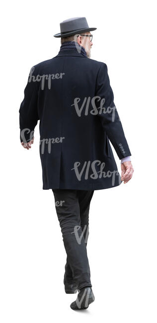 cut out man with a hat and a black overcoat walking