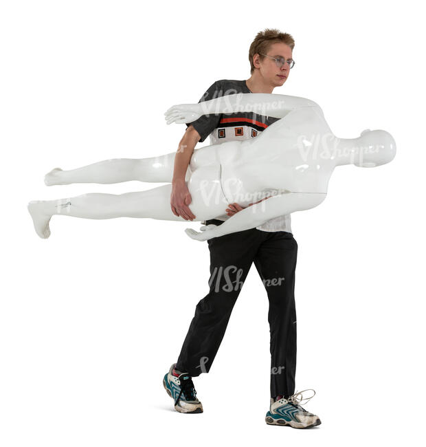 cut out young man carrying a mannequin
