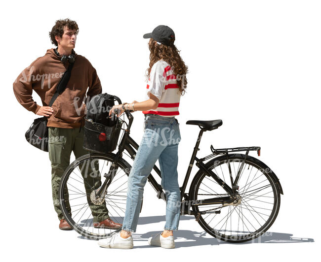 woman with bike standing and talking to a friend