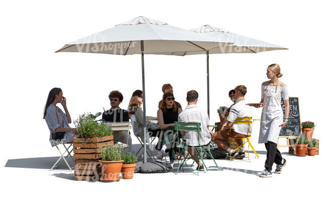 cut out street cafe with people sitting under parasols
