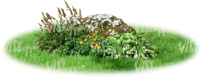 small flowerbed with a stone